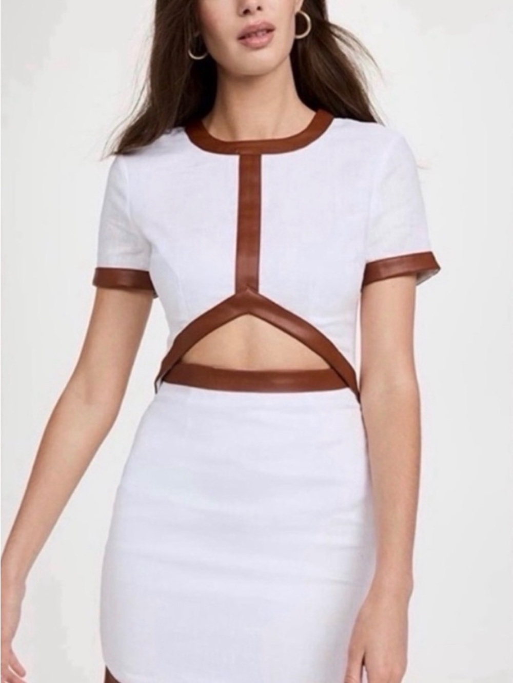STAUD White Dress with Brown Trim Cutout